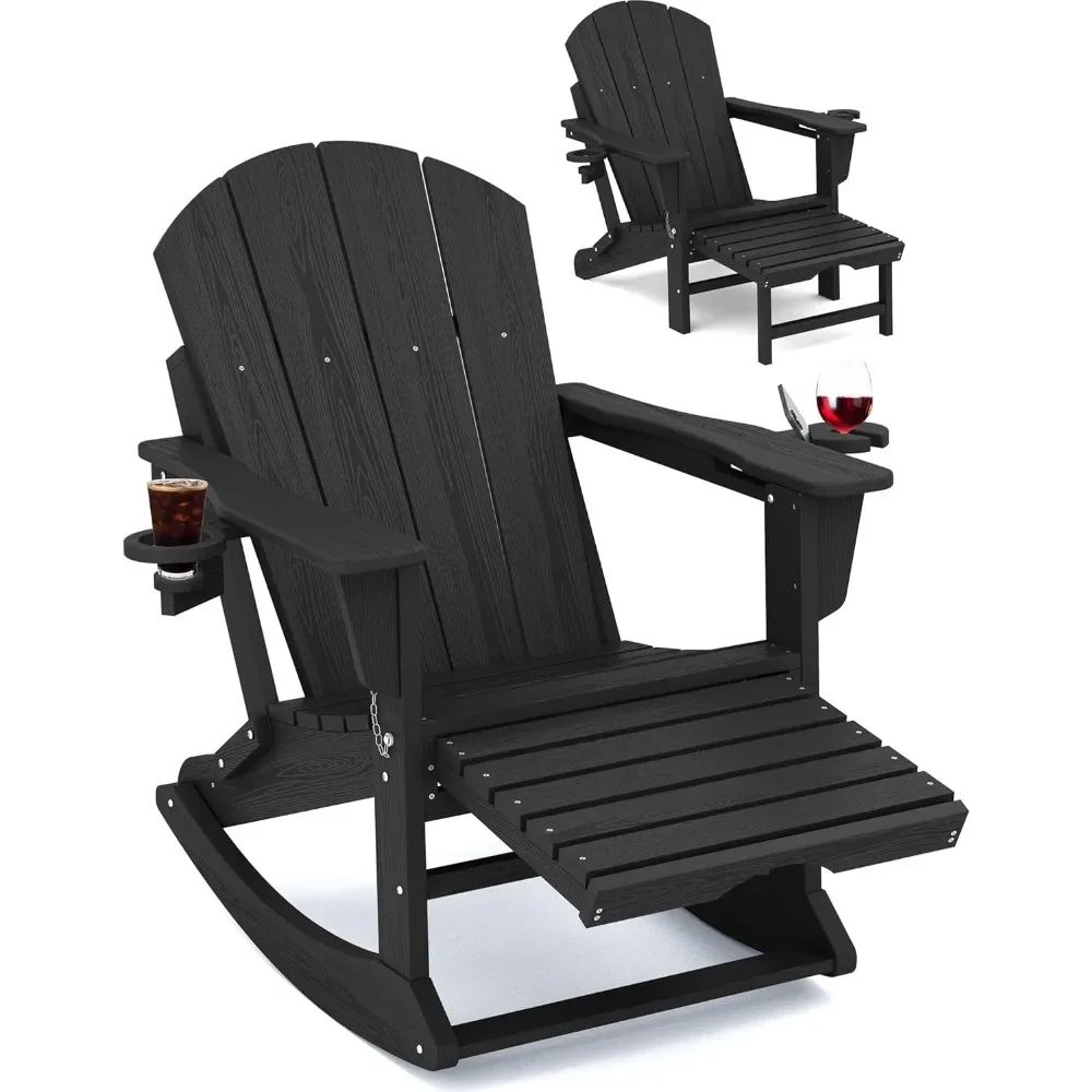 Adirondack Rocking Chair with Retractable Ottoman and Cup Holders, HDPE Adirondack Rocker Patio Rocking Chair for Porch