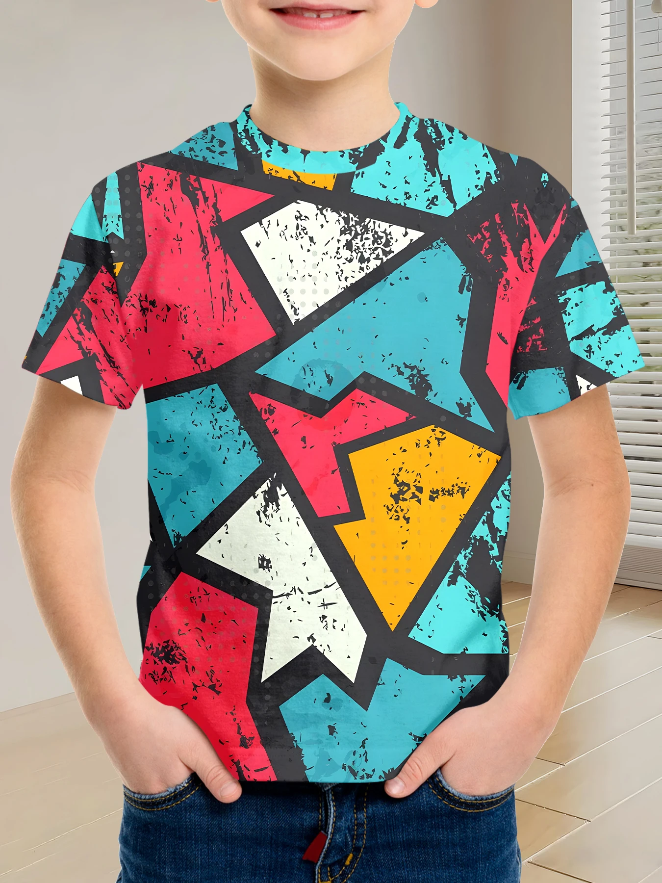 

Футболка с геометрическим граффити с блокировкой цветов, ретро, модный и игривый стиль