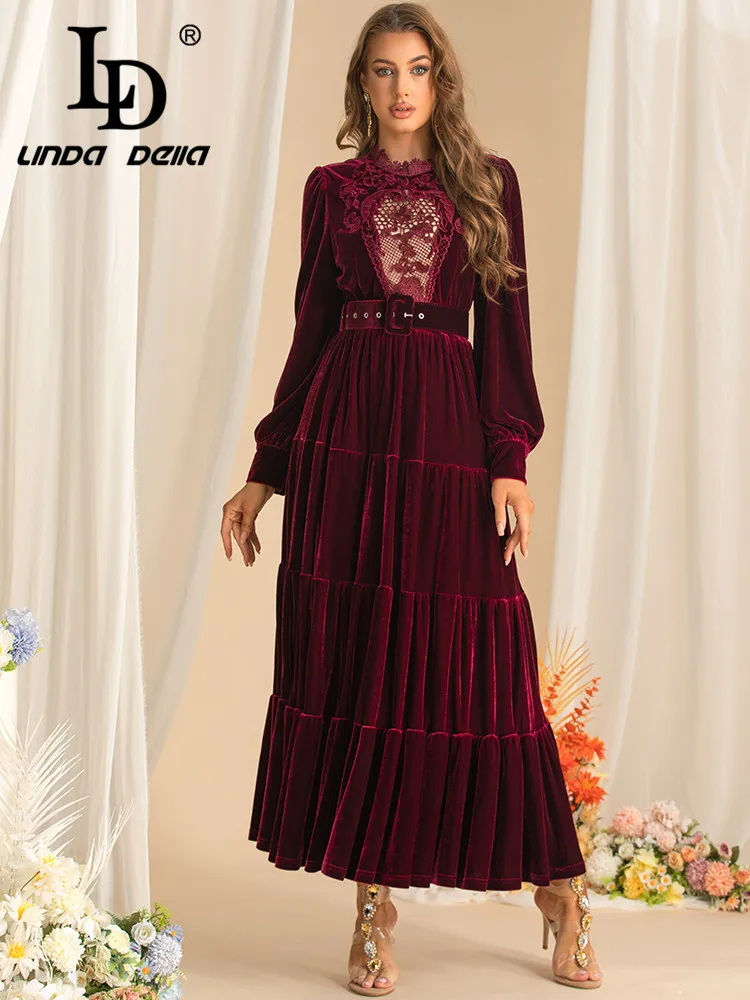 LD LINDA DELLA Autumn and Winter Fashion Dress Women Stand Collar Lantern Sleeved Lace Hollow Out Party Dresses With Belt