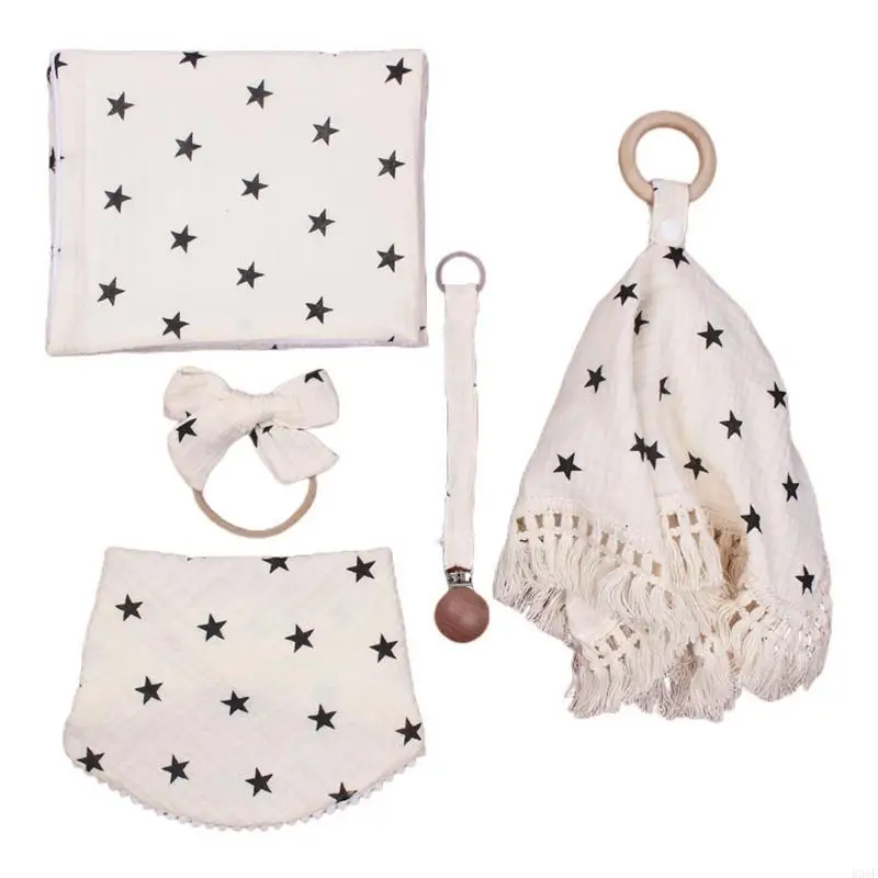 

E06F 5 Pcs/Set Baby Burping Towel +Bib+Comforter Blanket+Pacifier Chain Clip+Headband
