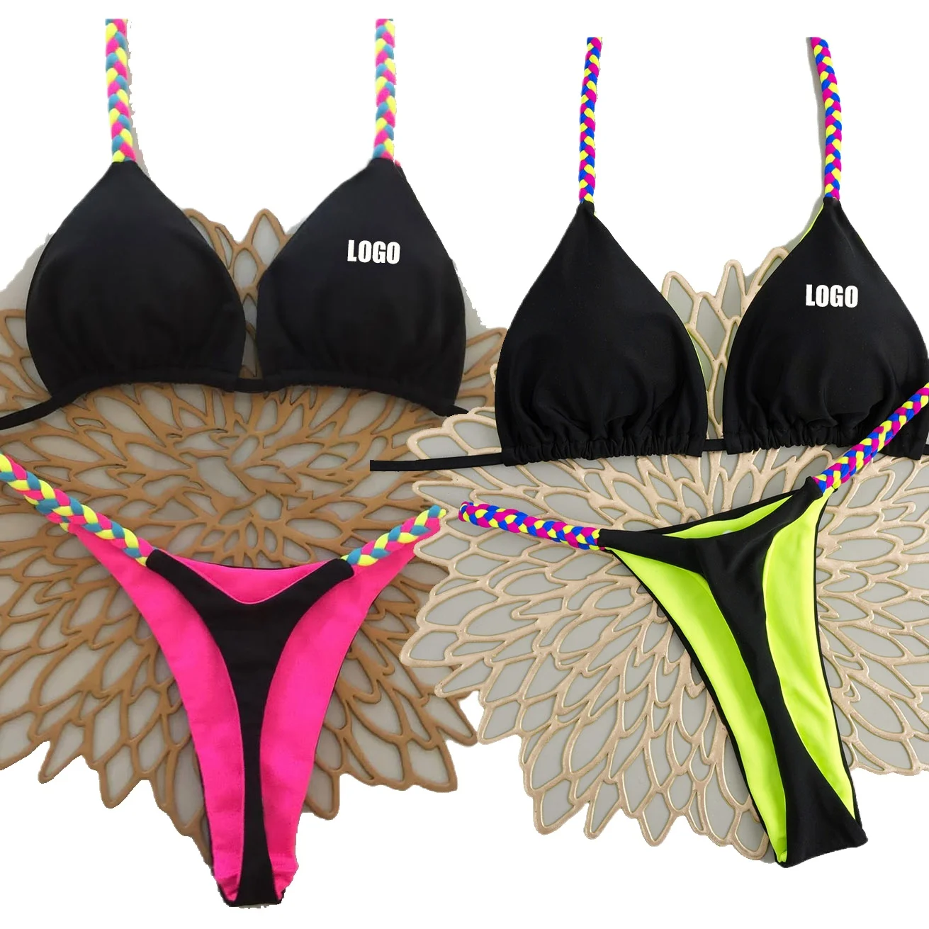 Customized LOGO women's new three-point tight two-body bikini swimsuit gathers leopard print sexy bikini