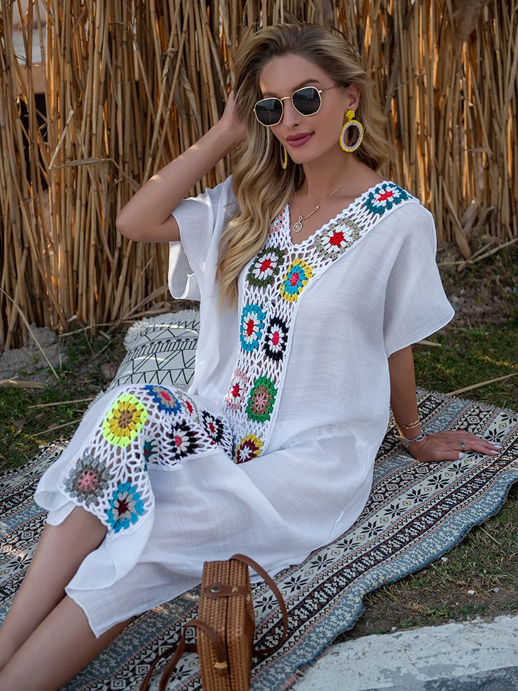 Crochet Paradise-Mini vestido de punto para mujer, ropa de playa, prendas de vestir de verano, vestido veraniego sin fijación, bata dividida, traje de baño