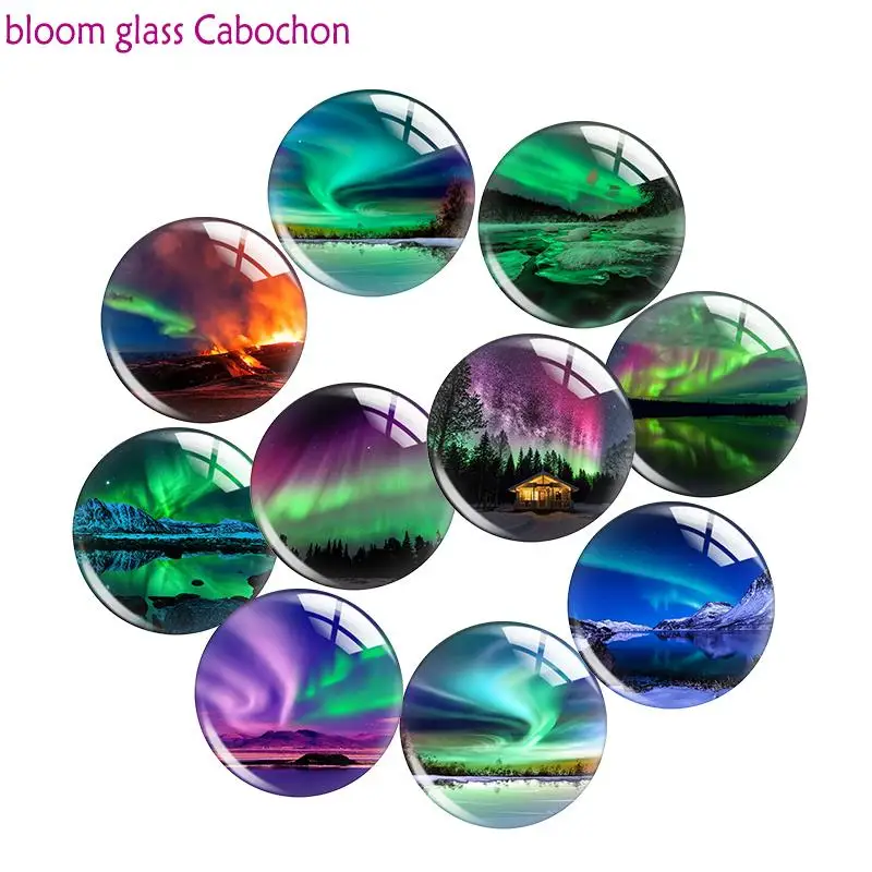 Colorful Northern Lights Landscape Paintings Round Photo Glass  Cabochon  Demo Flat Back Making Findings  W1070