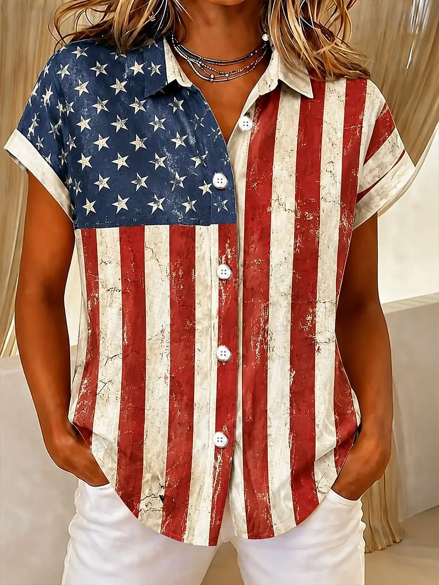 

Women's Vintage USA Flag Print Button-Up Shirt, Casual Loose Blouse for Spring Summer Daily Wear