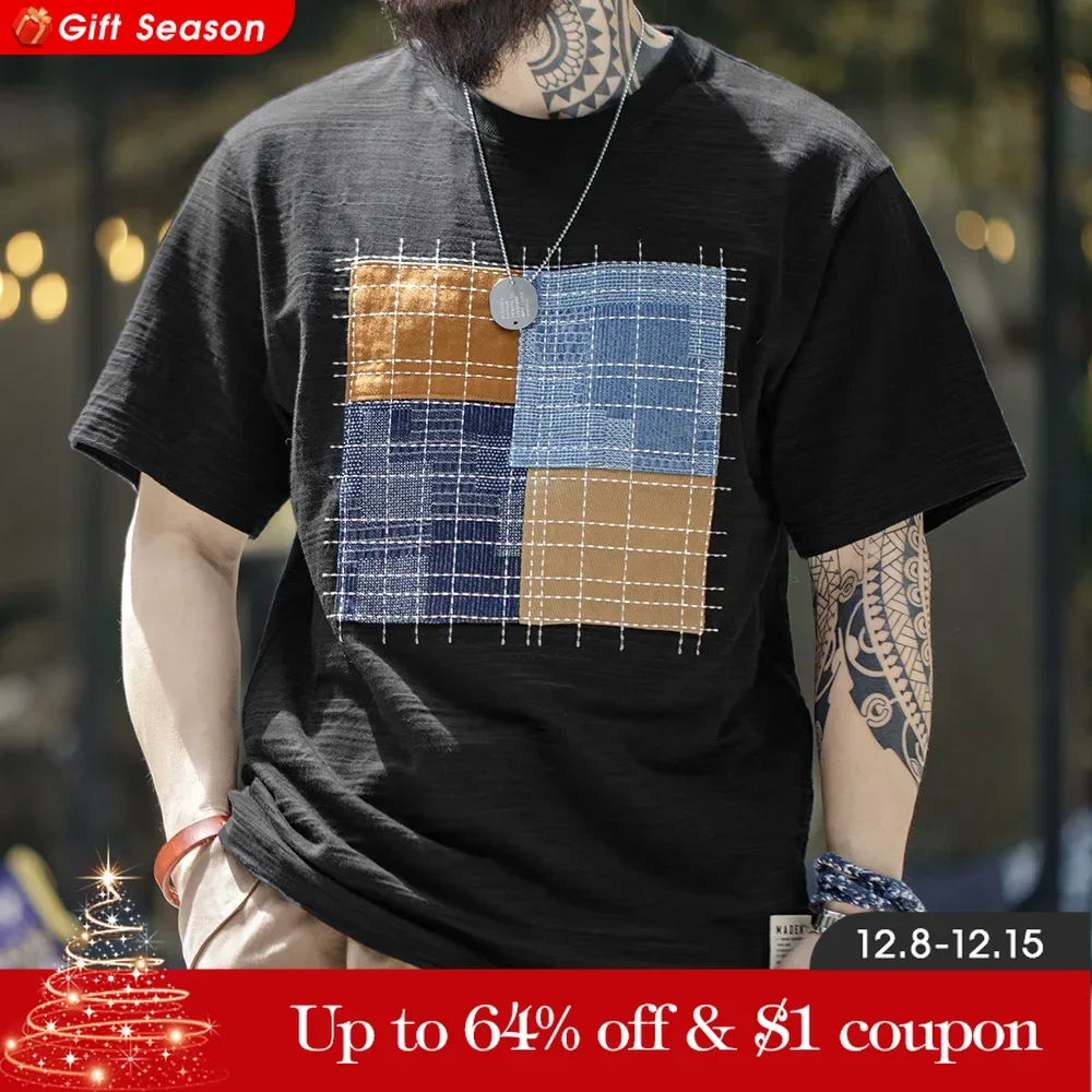 Maden Summer Japanese Vintage Breathable Bamboo Joint 100% Pure Cotton T-shirt Square Irregular Splice Short Sleeve Men\'s Tops