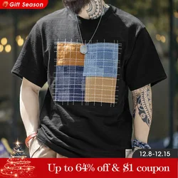 Maden Summer Japanese Vintage Breathable Bamboo Joint 100% Pure Cotton T-shirt Square Irregular Splice Short Sleeve Men's Tops