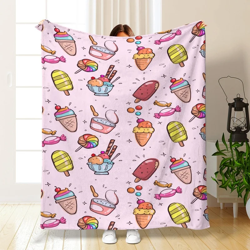 Kawaii Candy Ice Cream Dessert Pattern Blanket Throw 150x200cm Plush Cozy Cute Decor Gift for Girls Women