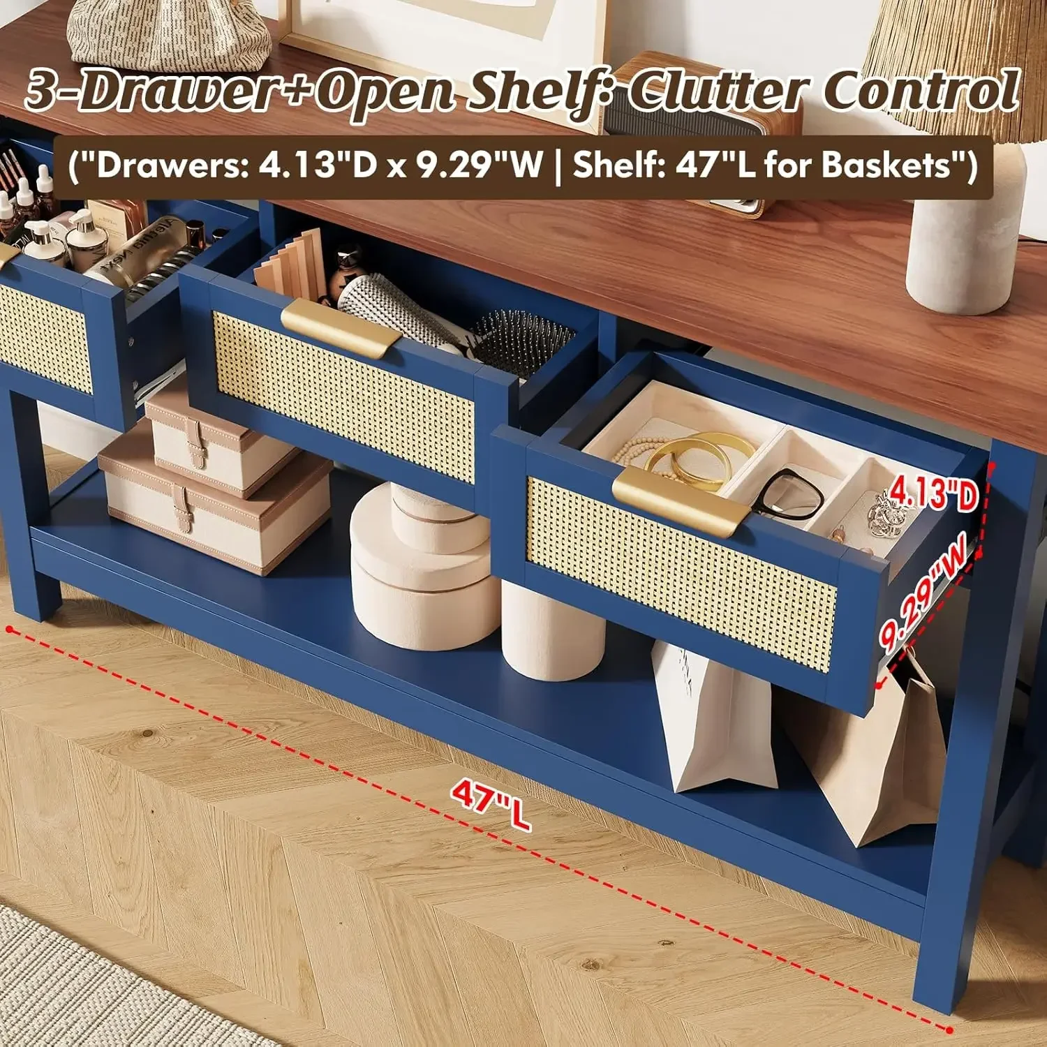 Blue Entryway Table With Three Rattan Drawers Open Shelf Storage Long Sofa Tables Living Room Console Hallway Foyer Couch Front