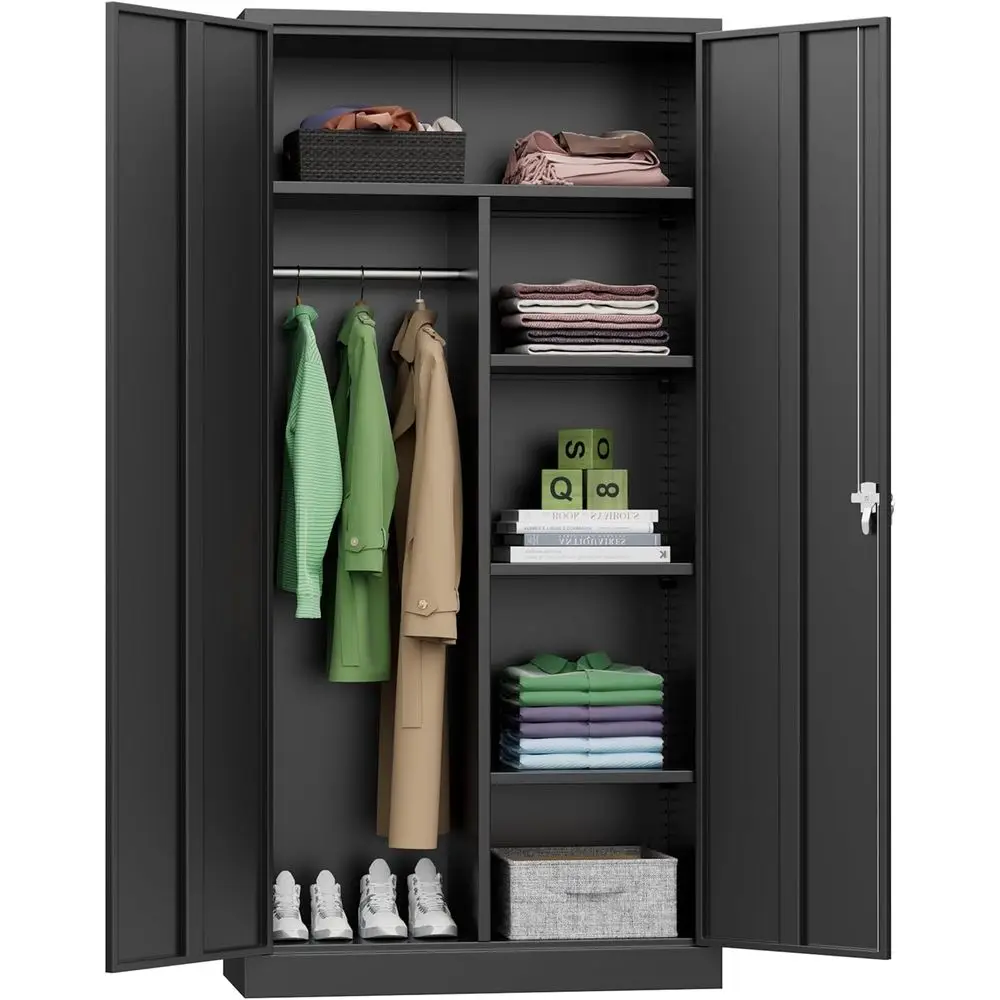 

Высокий металлический шкаф для хранения (72 дюйма) с запирающейся дверцей, штангой для вешалок и 4 регулируемыми полками, для дома или офиса, черный