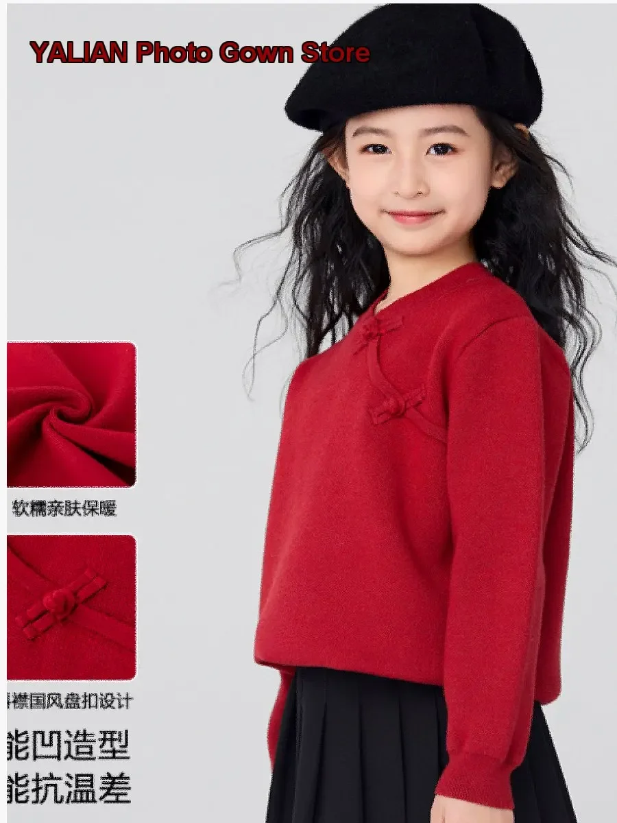 Girls New Chinese Style Knot Button Knit Top Autumn Winter Children's Traditional Dress Tops New Year Winter Outfits Girl Kids