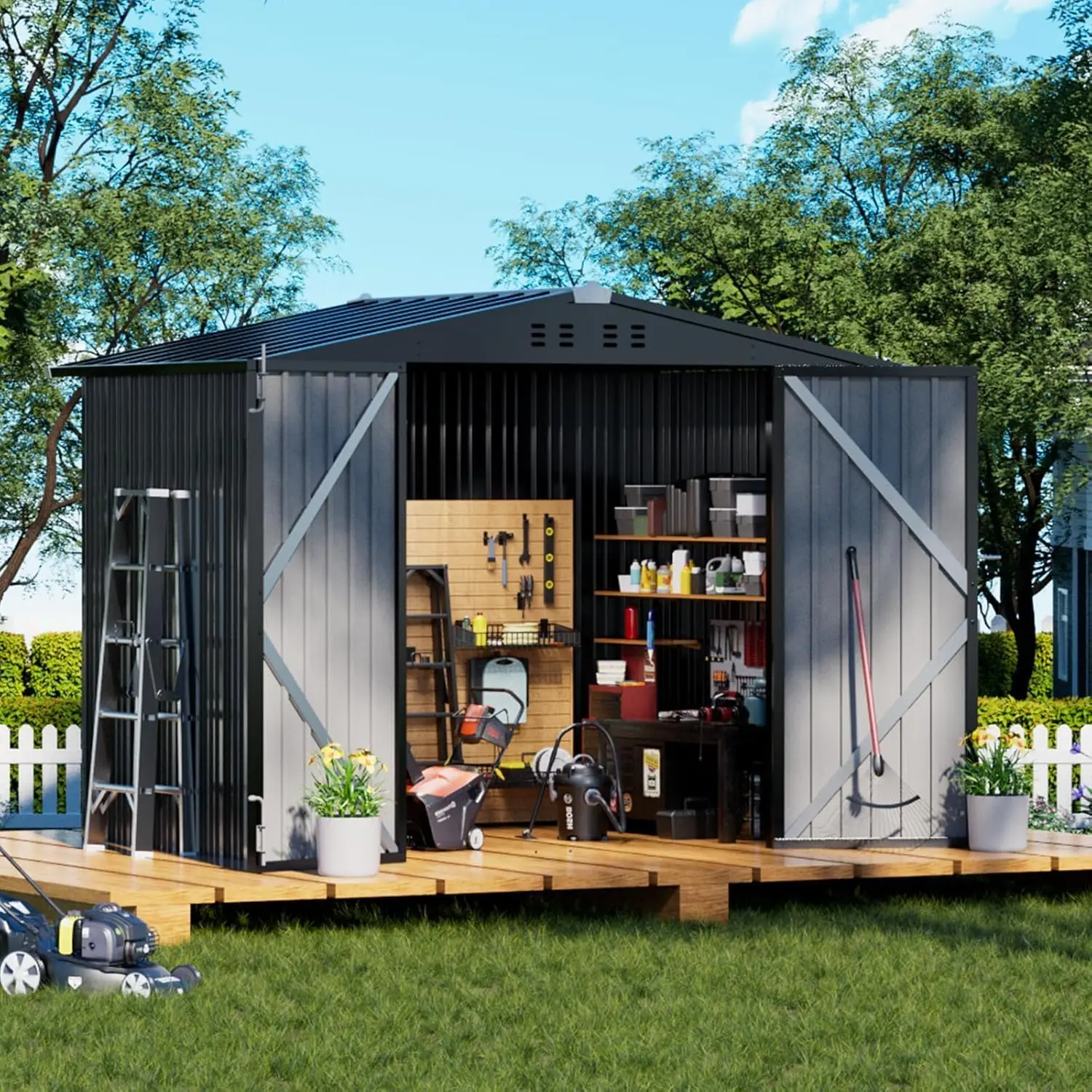 Grey Steel Outdoor Storage Shed with Sloping Roof, Lockable Doors and Air Vent for Backyard, Patio, Lawn and Poolside