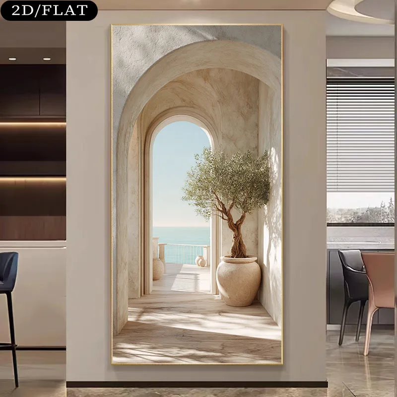 

1pc Large Modern Frameless Coastal Olive Tree Archway Wall Art Olive Tree Canvas Print for Living Room, Bedroom, Home Office