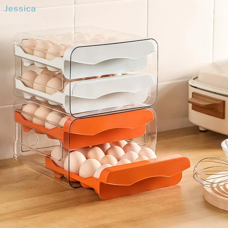 

♥ Автоматическая стойка для яиц на колесиках, двухслойный ящик, органайзер для холодильника, пластиковый ящик для хранения яиц