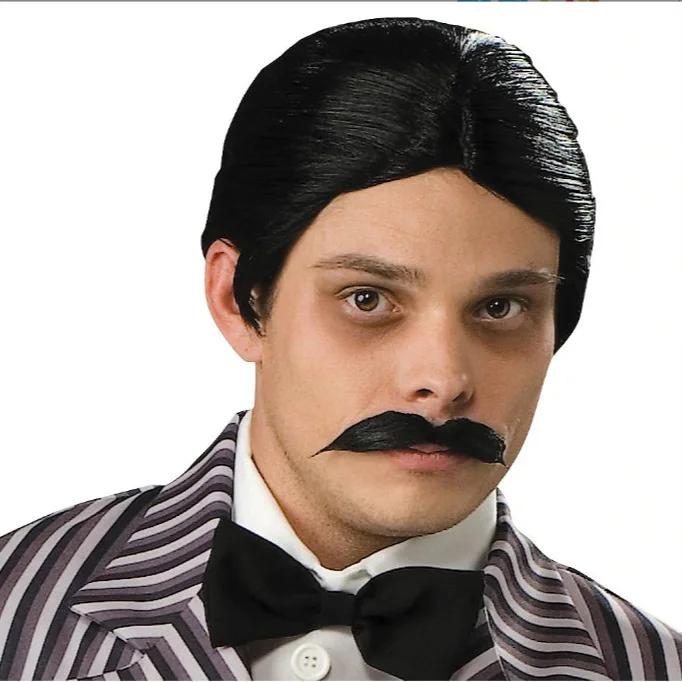 Gomez Addams Mens Short Black Hair and Mustache Standard Size Halloween Cosplay Costume Anime Party Wig