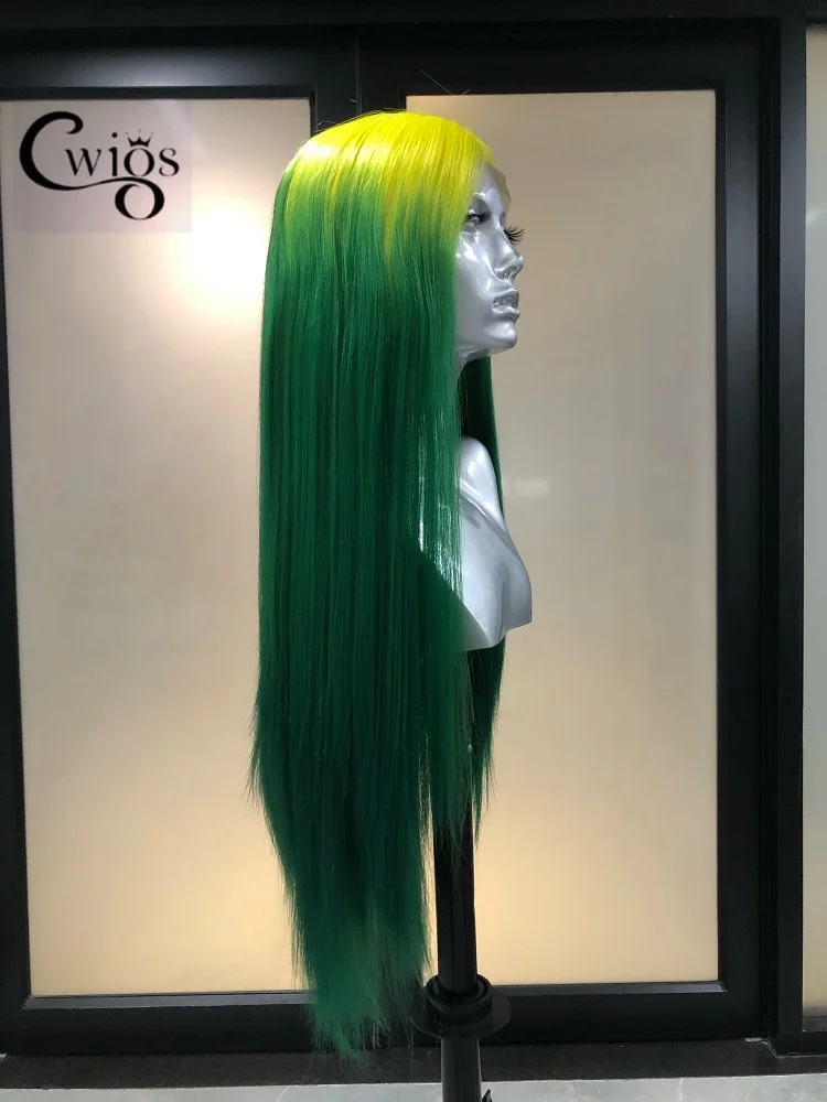 CWIGS Ombre Green Yellow Long Straight Synthetic Wig Lace Front Transparent Glueless 180 Density For Women Drag Queen Cosplay