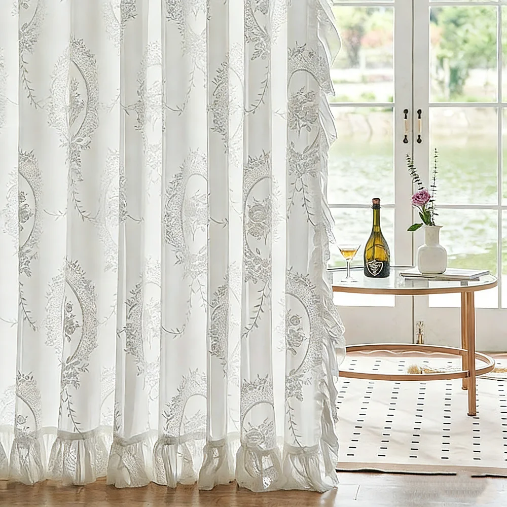 White French Vintage Lace Sheer Curtain Double Layer Window Curtain Light Filtering Non-Transparent for Living Room/Bedroom