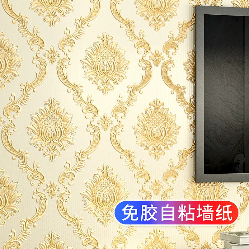 Self Adhesive 3D Embossed Golden Damascus Wallpaper Waterproof Luxury European Wall Sticker for Living Room Bedroom Home Decor