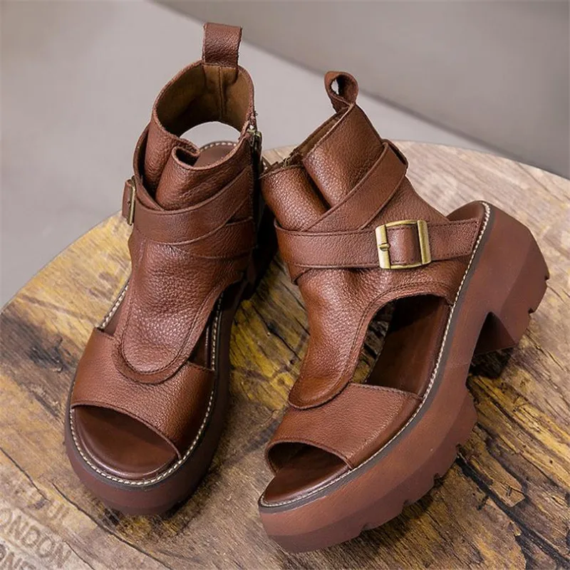 2022 New Summer Black Women Leather Sandals Cool Boots Platform Shoes Wedges Sandals Women Shoes Fashion Outdoor Sandals