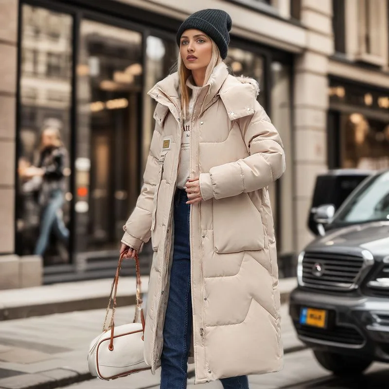 

Spliced Winter Lady's Quilted Jacket solid Color Belted Detachable Hooded Pockets Coat For Women Long Versatile Female's Coat