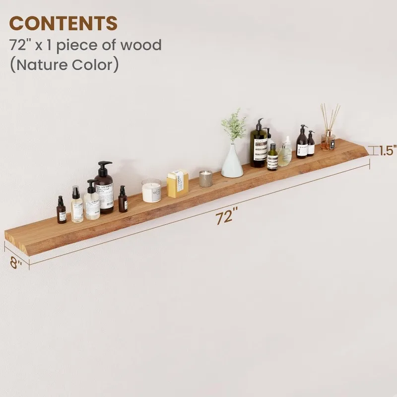 home.Floating Shelves for Wall Decor, Rustic Solid Elm Wood Bracket for Living Room Bathroom Bedroom Kitchen, 72 Inch, Natural