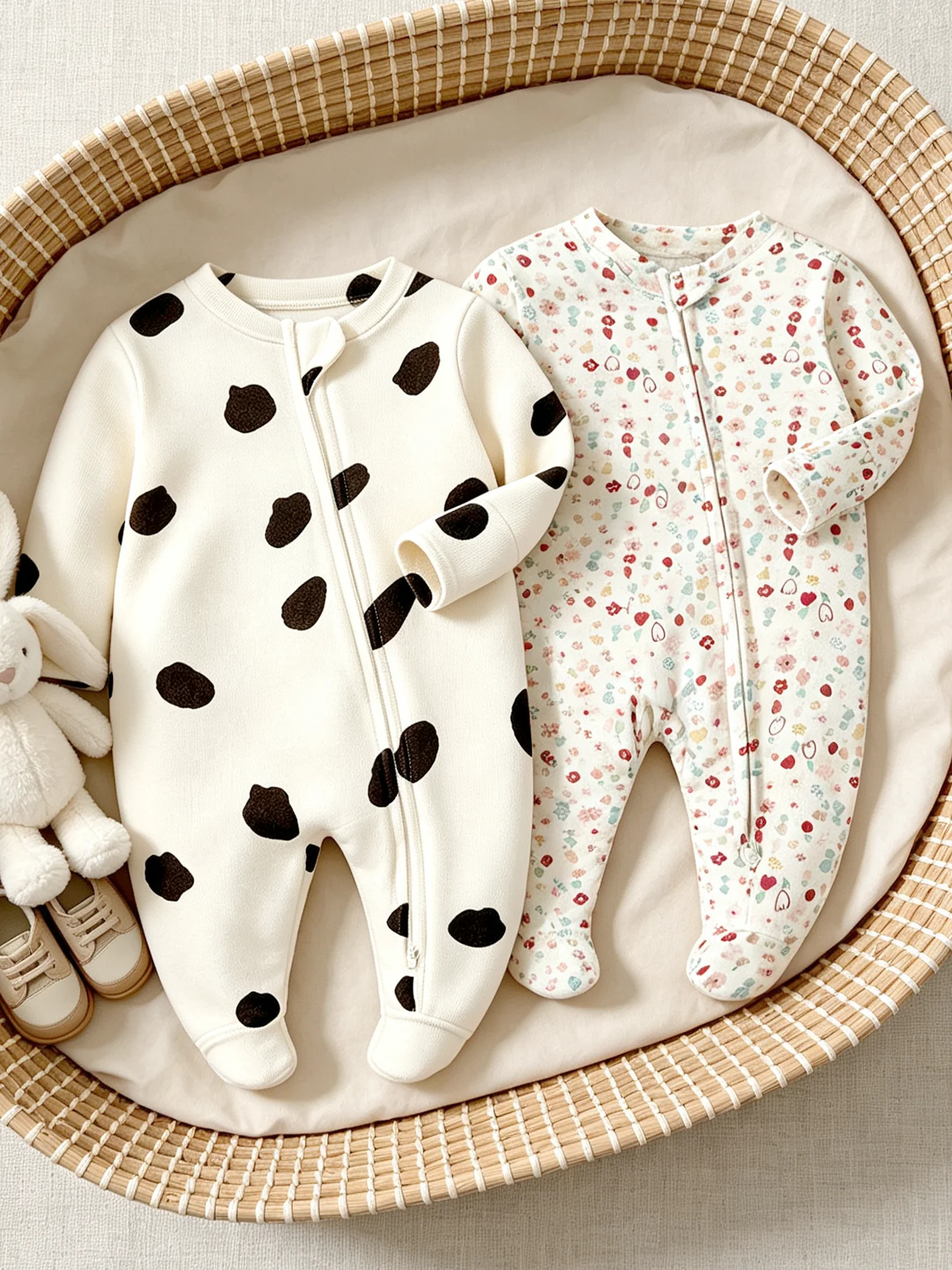 TtkaaBaby Knitted Cotton Polka Dot Floral Footed Long-Sleeve Zipper Baby Two-Piece Romper Set—Birth Gift, Korean-Style, Gentle