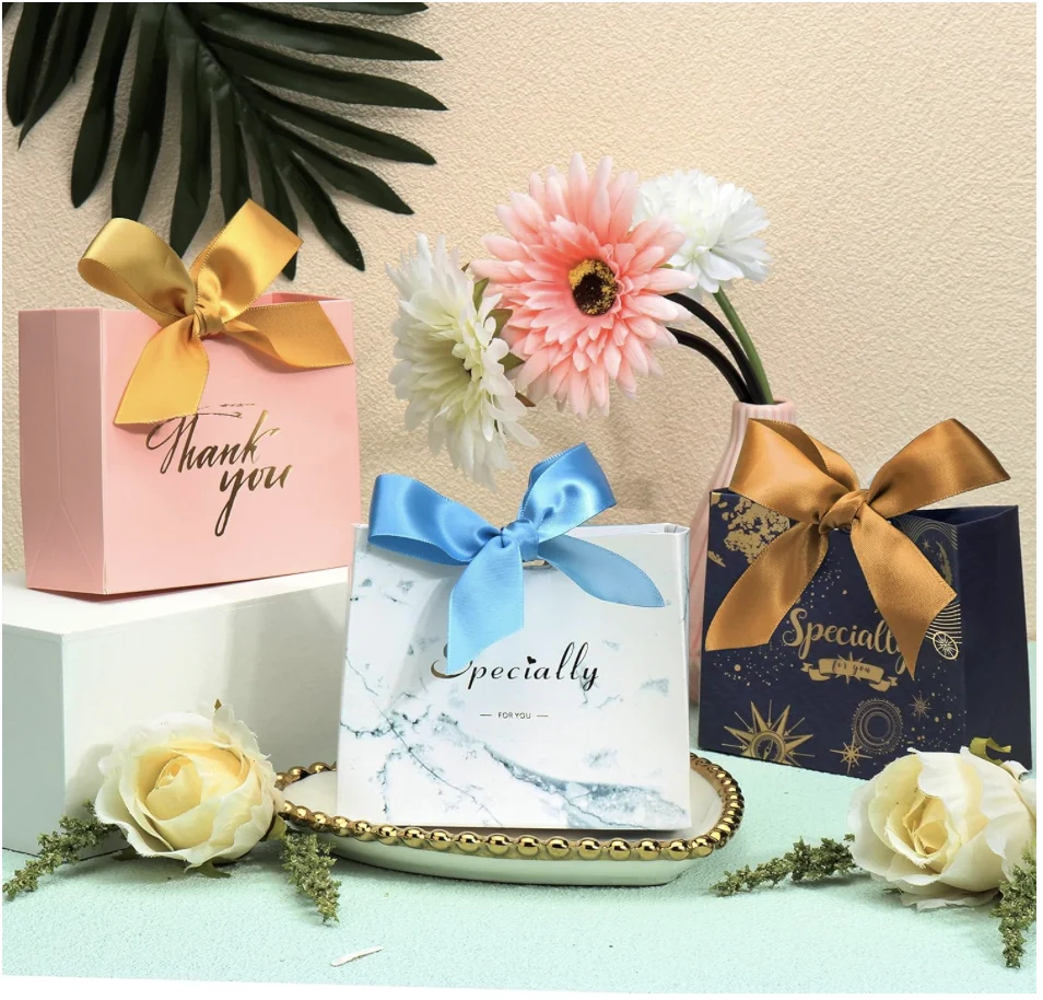 20/50 Pcs Small Party Gift Bags, Marble Mini Thank You Bags with Blue Bow Ribbon, 4.5x1.8x3.Inches, Paper Favor Bags for Wedding