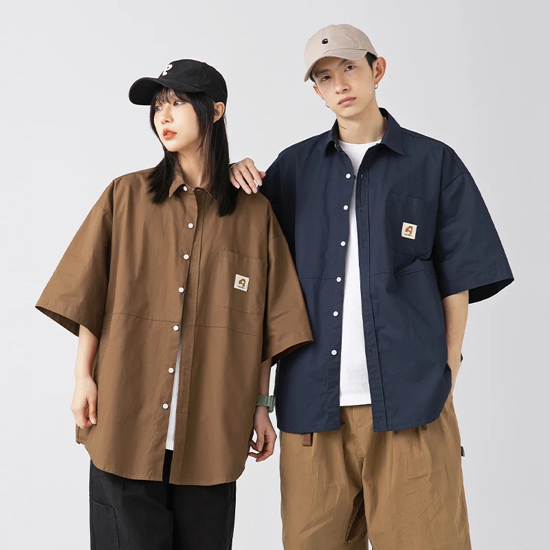 Spring and Summer New Style Loose Fit Cotton Couple\'s Pocket Shirt with Letter Patch Japanese Style Workwear Short Sleeve Shirt