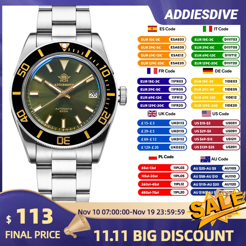 

ADDIESDIVE New AD2084 39mm Water Ghost Diver Watch Luxury Sapphire Stainless Steel 20Bar Waterproof Automatic Mechanical Watch