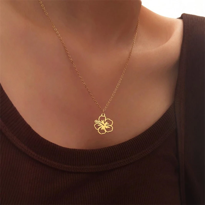 Edelstahl Hohle Blumen-Anhänger Halskette für Frauen Minimalistische Goldfarben Blumen-Halskette Charms Hochzeit Party Schmuck – Detail 12