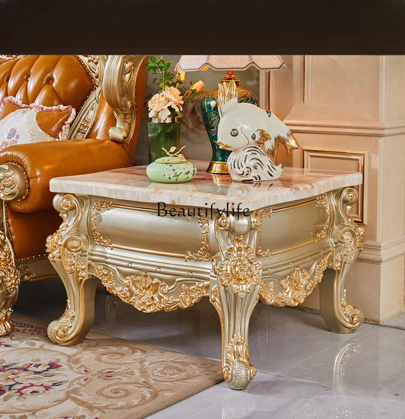 

European-style corner table American all-solid wood marble carved golden small coffee table