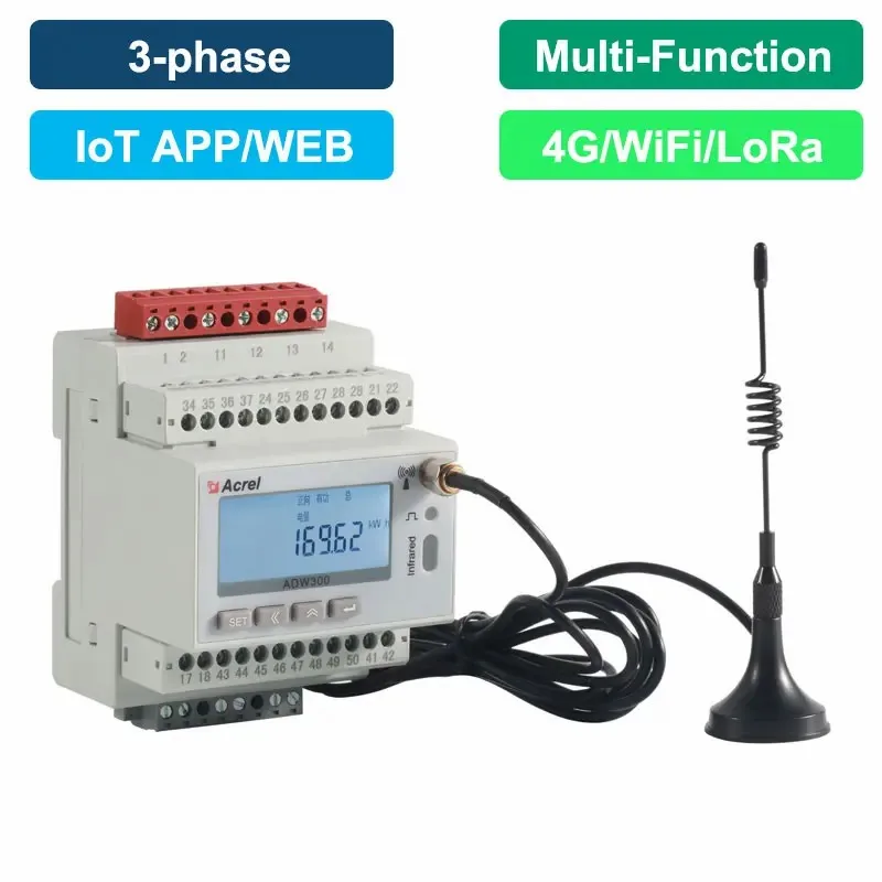 Acrel ADW300 3-phase Din Rail Wireless Smart Wifi 4G Energy Meter With 3CTs For Building, Factory and IOT System