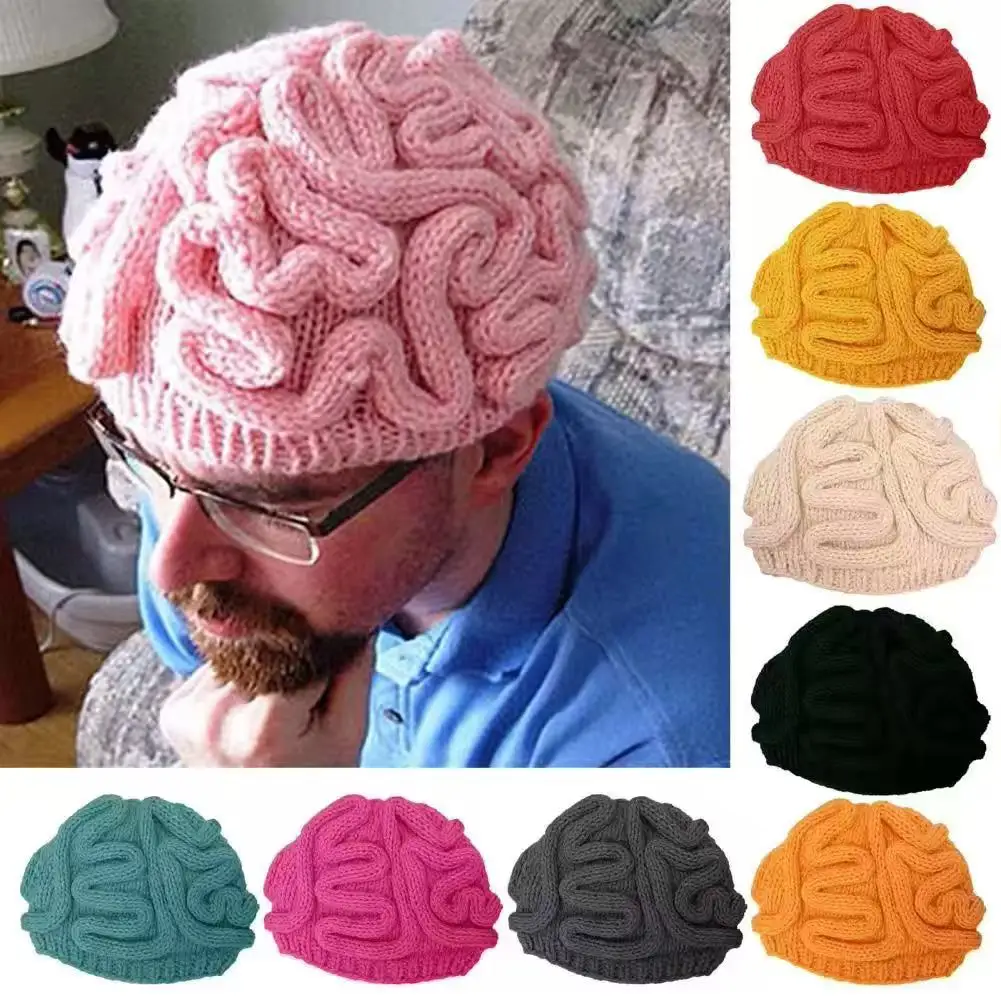 Brain Hat Funny Beanies Pink Handmade Knitting Acrylic Creative Personality Bain Head Set Hats for Men