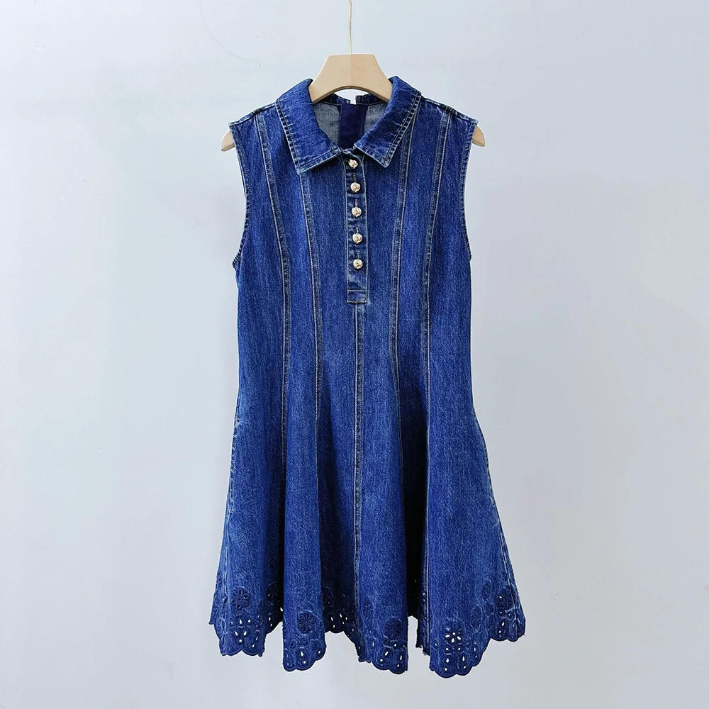 

Women's Cotton Blend Denim Dress Sleeveless Lapel Collar Hollow Out Hem A-Line Mini Dress Elegant Casual Jean Dress For Ladies
