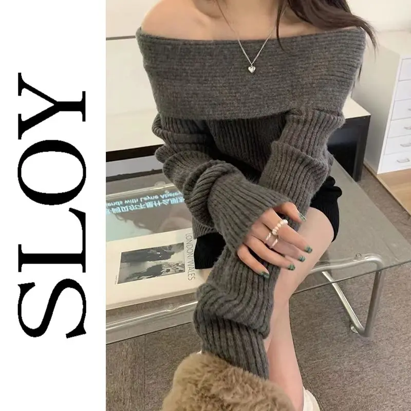 SLOY Thickened One Shoulder Sweater Women\'s Autumn and Winter New Style Pure Desire Spicy Girl Off Shoulder Show Thin Knitted