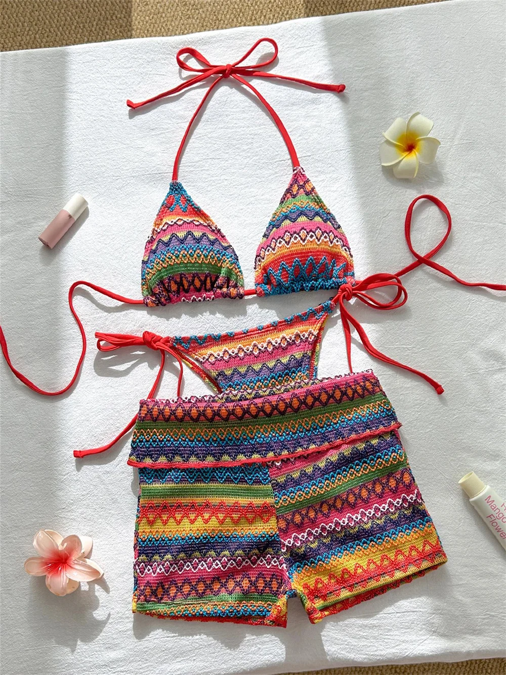 Boho Knitted Bikini Geometric Crochet Contrast 3 Piece Shorts Swimsuit Women Micro String Vacation Swimwear Beach Outfit Bikinis