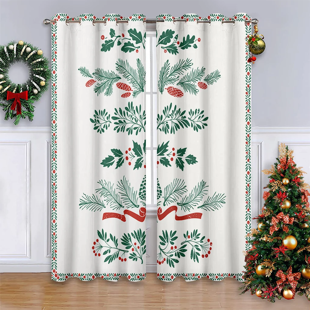 2pcs Curtains With A Vintage Leaf Print, 100% Polyester; Suitable For Christmas Dining Room Parties And Festive Decor.