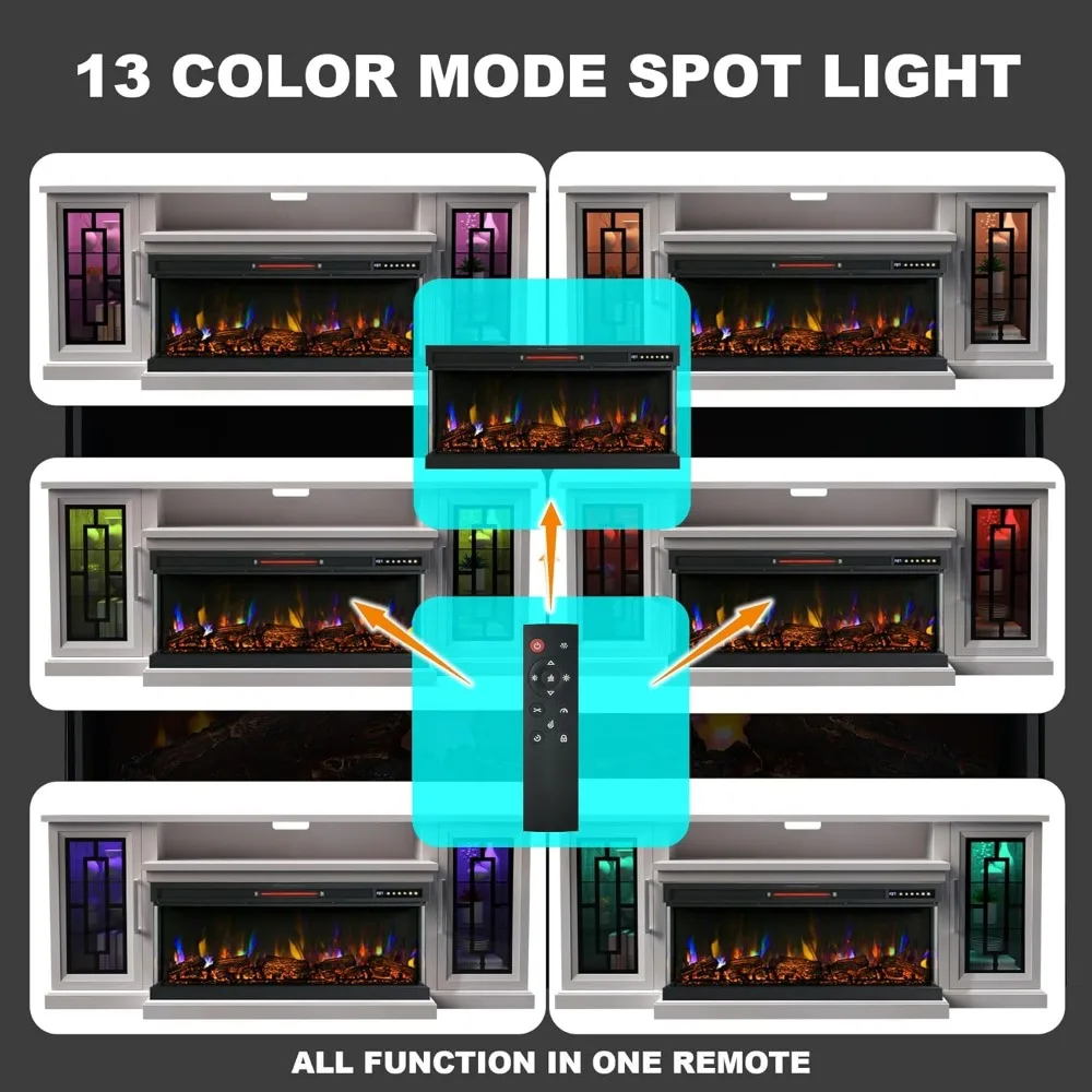 Suporte de TV com lareira elétrica de 75 polegadas, mesa de console moderna de vidro LED de 3 lados para centro de entretenimento de mídia para TVs de até 80/85 polegadas