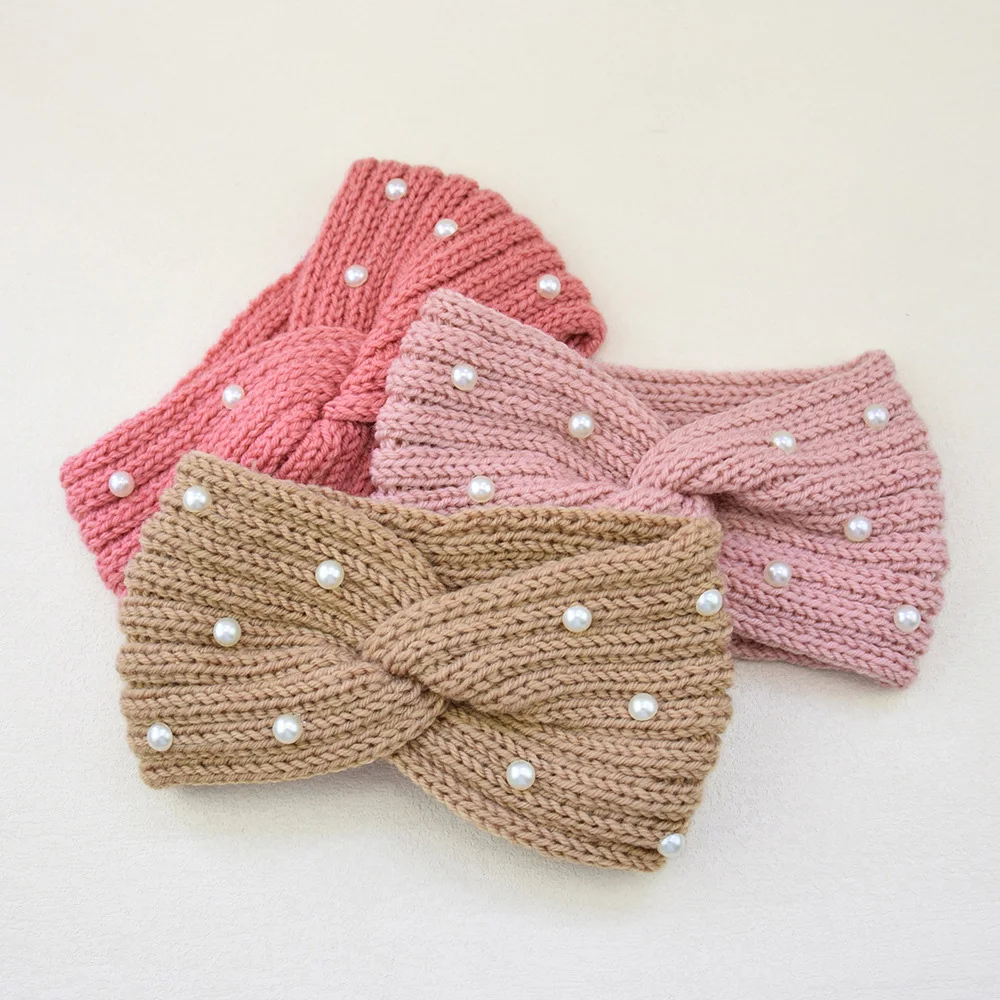 Women Pearl Cross Knitted Headbands Winter Warm Hairband Thickened Wide Elastic Ear Warmer Turban Headwrap Lady Hair Accessories