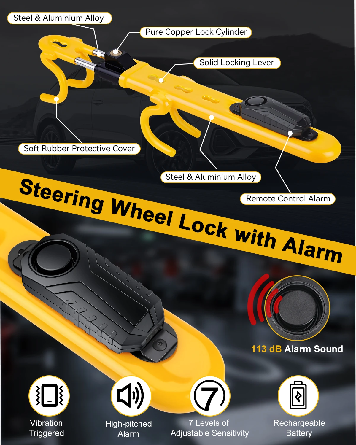 Double Hook Locks Anti Theft Wheel Car Lock Steering Wheel Lock with Alarm Heavy Duty Steering Wheel Lock for Car Van