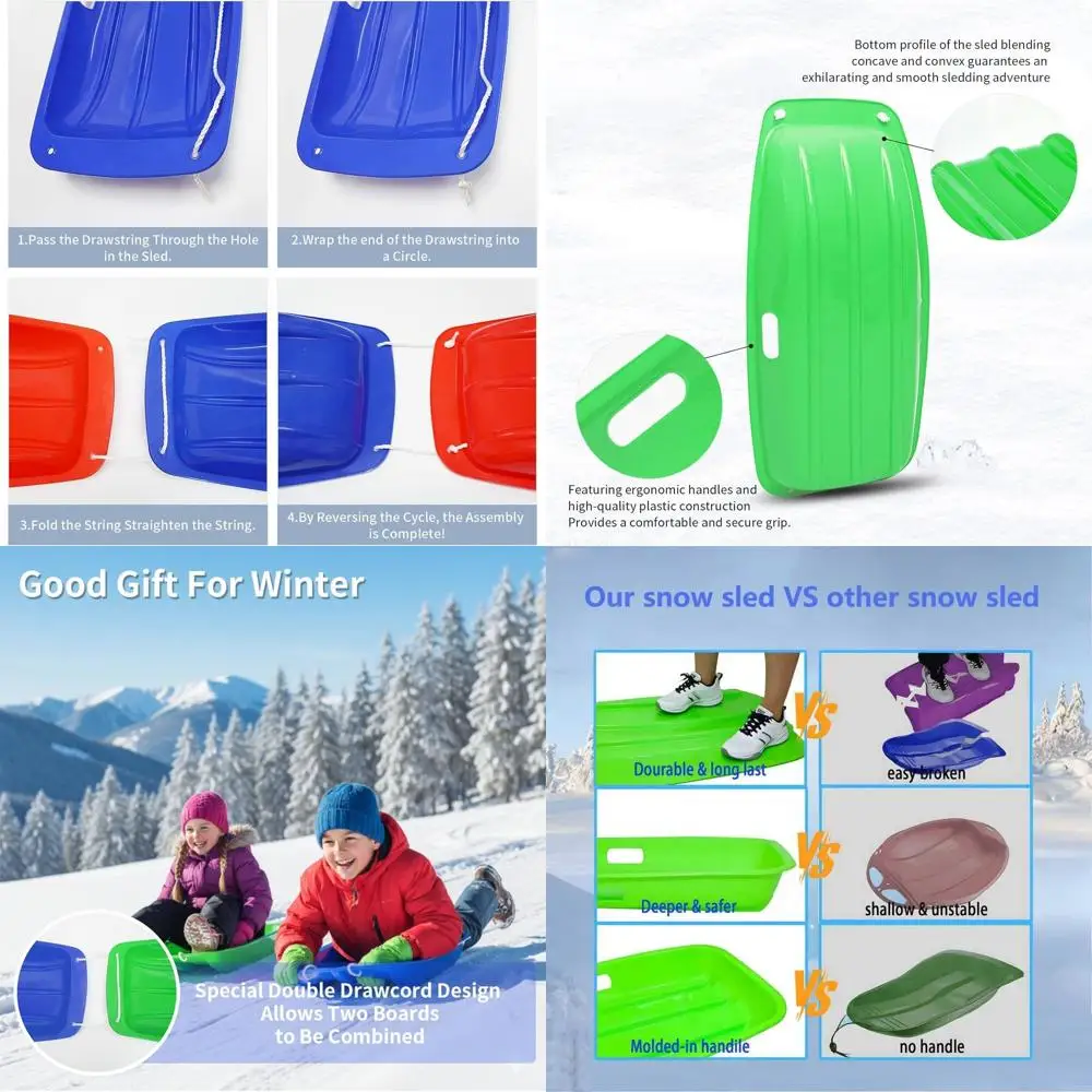 

Flexible Downhill Snow Sled for Kids with Cold-Resistant Plastic, Wide and Thick, 2-Handle with Leash