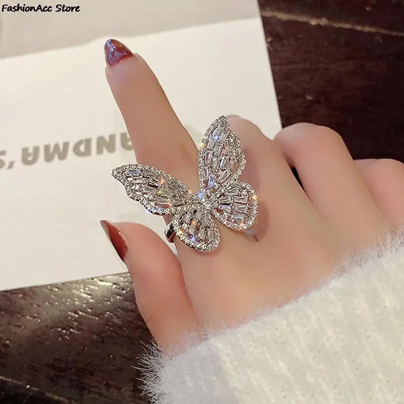 Zircon Butterfly Ring Gem Stone Opening Exaggerated Big Knuckle Rings for Women Charming Wedding Party Jewelry Gift