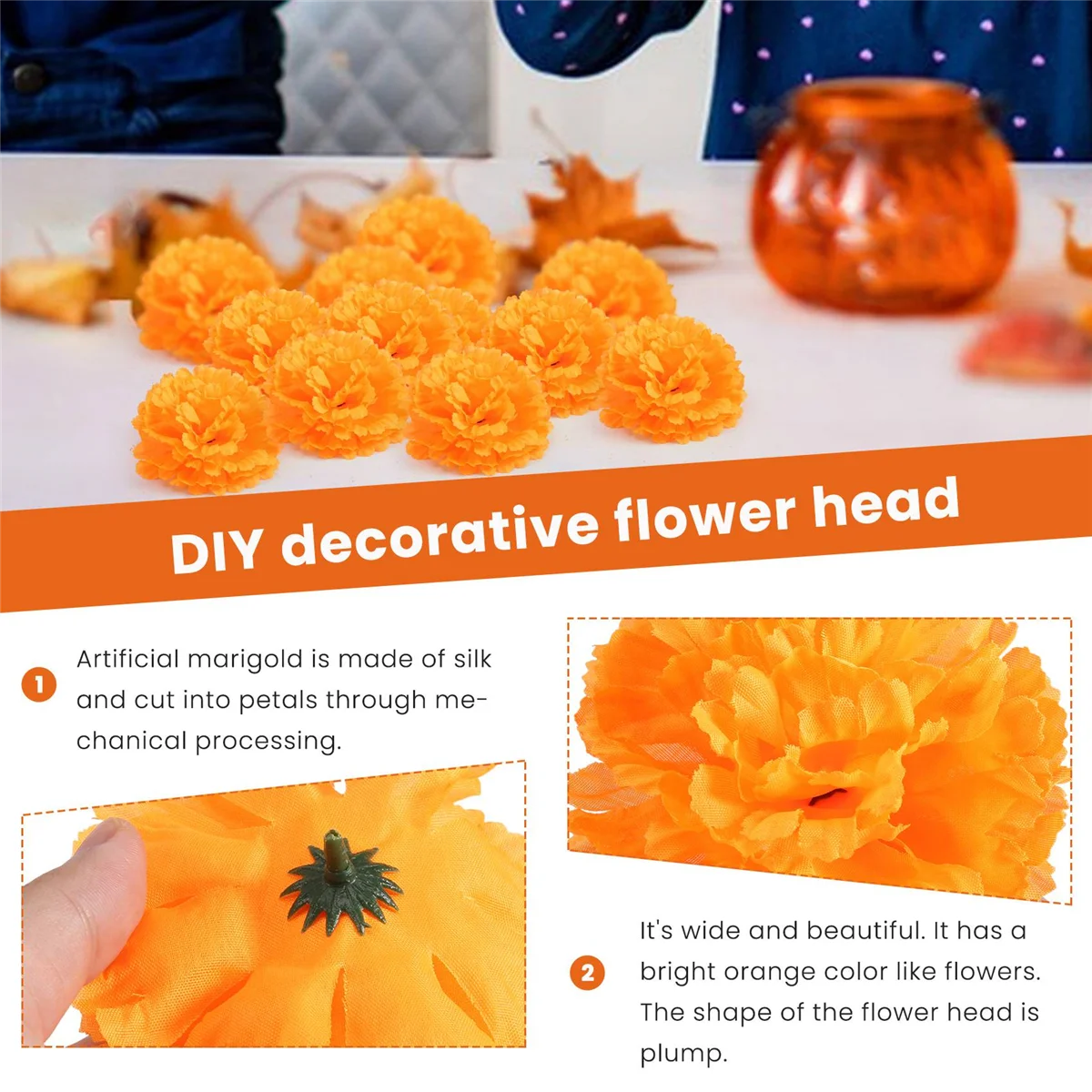 3.9inch Marigold Flowers Artificial Day of the Dead Flower 50Pcs Fake Marigold Flowers Head for Marigold Garland Making