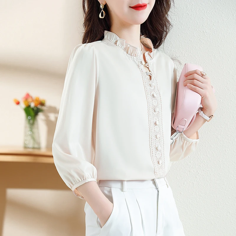 Women Clothing Loose Solid Elegant Chic Button Blouse Office Lady Casual Lace Chiffon Simple Fashion Shirt