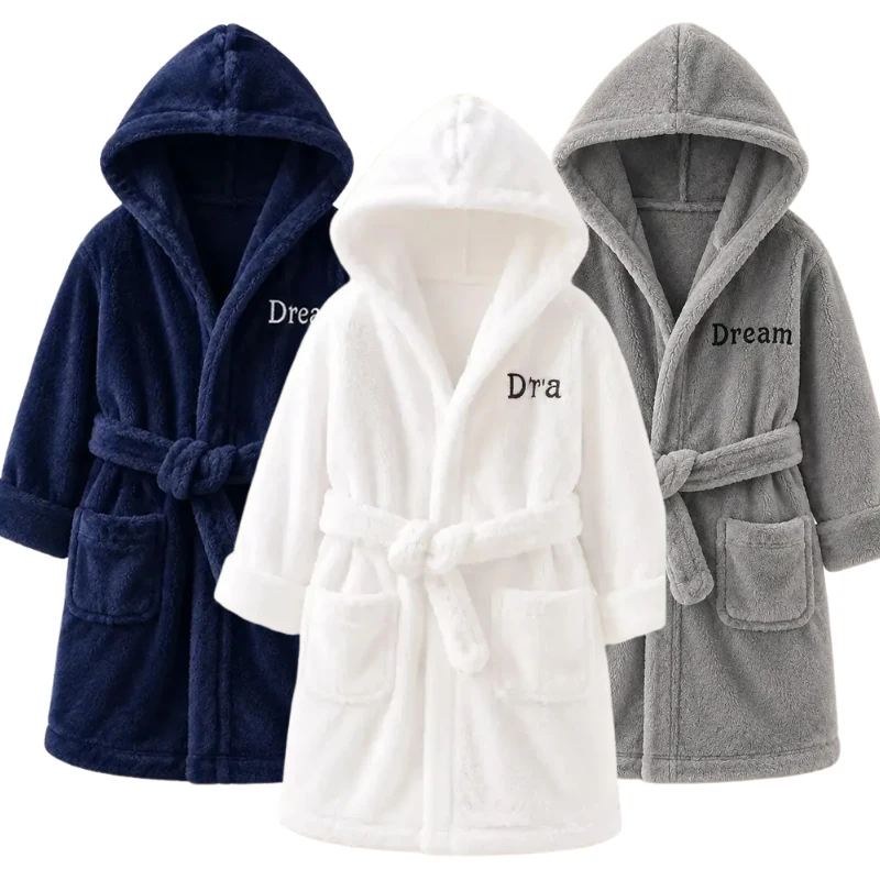 Children Flannel Hooded Pajamas Robe New Autumn Winter Boys Girls Letter Embroidery Soft Comfort Warm Bathrobe Kids Homewear