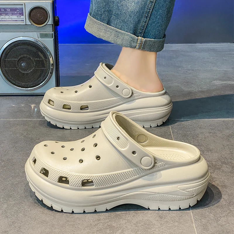 Casual Thick Bottom Sandals Men's Summer New Style Teenager Slip-On Beach Half Slippers Driving Hollow out Shoes EVA Material