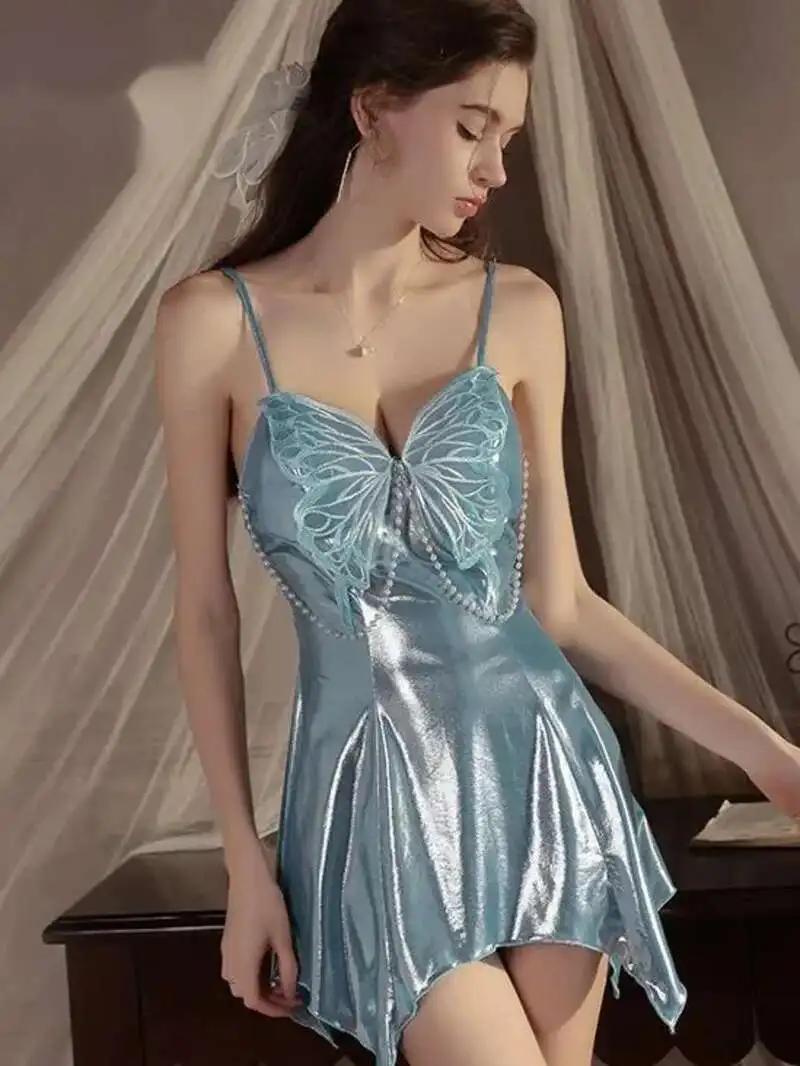 

Blue Laser Butterfly Pearl Chain Hot Temptation Deep V Chest Mat Sexy Irregular Strap Skirt Women's Home dress elegant XXPZ