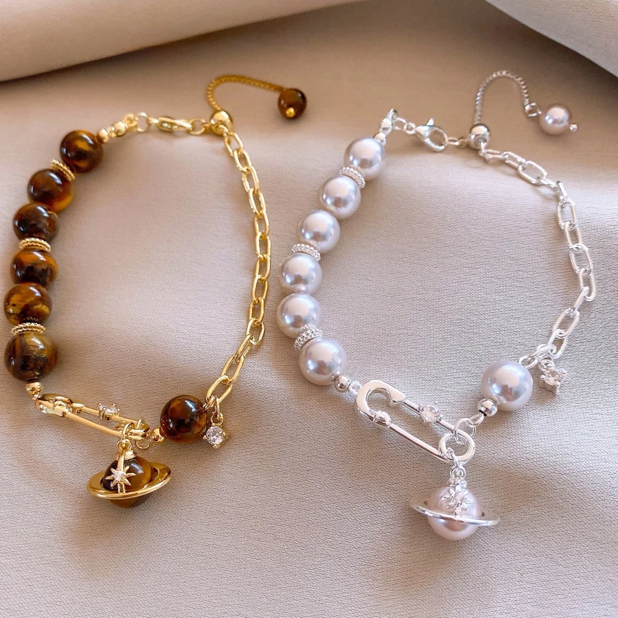 Elegante pulsera con dije de rosa de Saturno y piedra de ojo de tigre, accesorio de moda para mujer, diseño geométrico versátil, estilo ligero de lujo