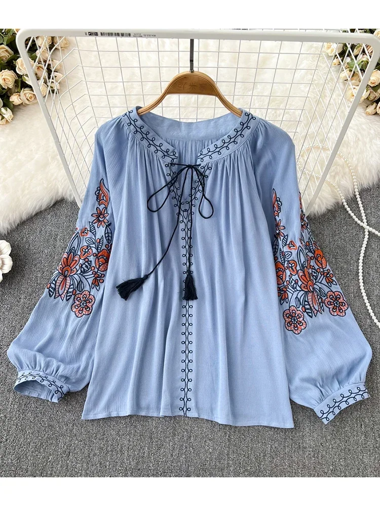 Women Spring Autumn Blouse Ethnic Retro Round Neck Embroidered Tassel Loose Tie Cotton and Linen Shirt Casual Doll Shirt D2763