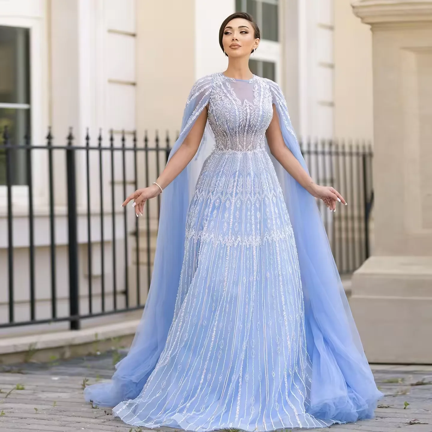 

Customized 2026 Newly Luxurious Long Evening Dress Prom Gown for Women A-Line Shawl Sleeve Tulle Beads Wedding Dance Party