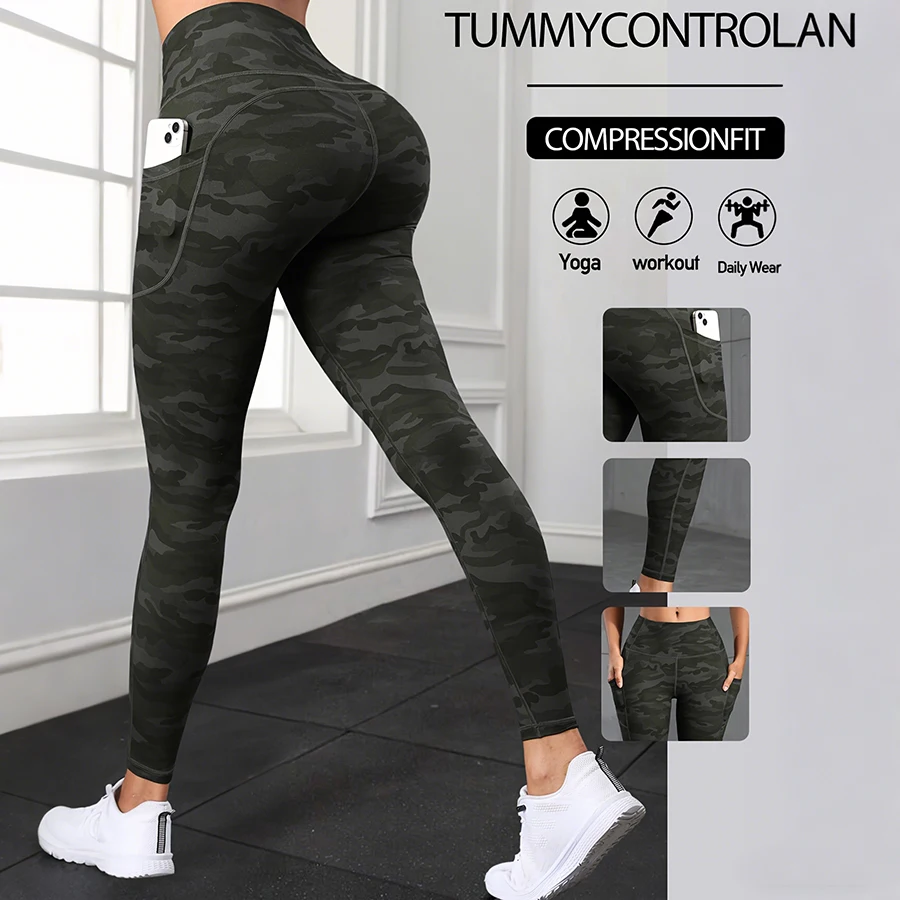 Leggings with Pockets for Women Tummy Control High Waisted Workout Yoga Pants Camouflage Printing Fitness Tights Casual Wear image 2
